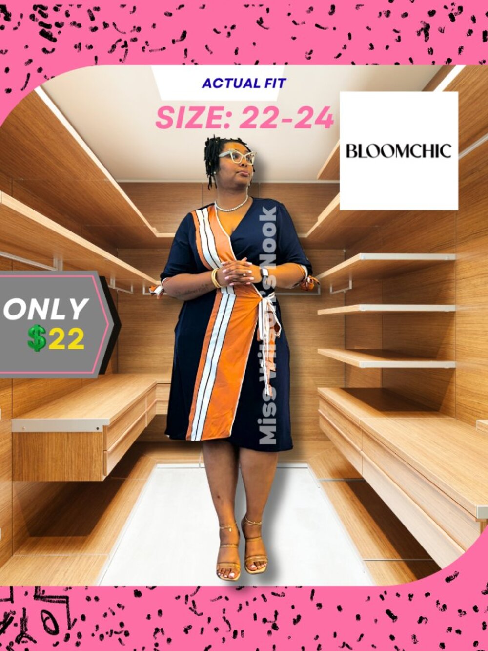 BloomChic Colorblock Faux-Wrap Balloon Sleeve Midi Dress - Size 22-24